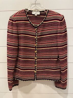 St. John Vintage Santana Striped Knit Cardigan in Red, Black & Gold Size Medium